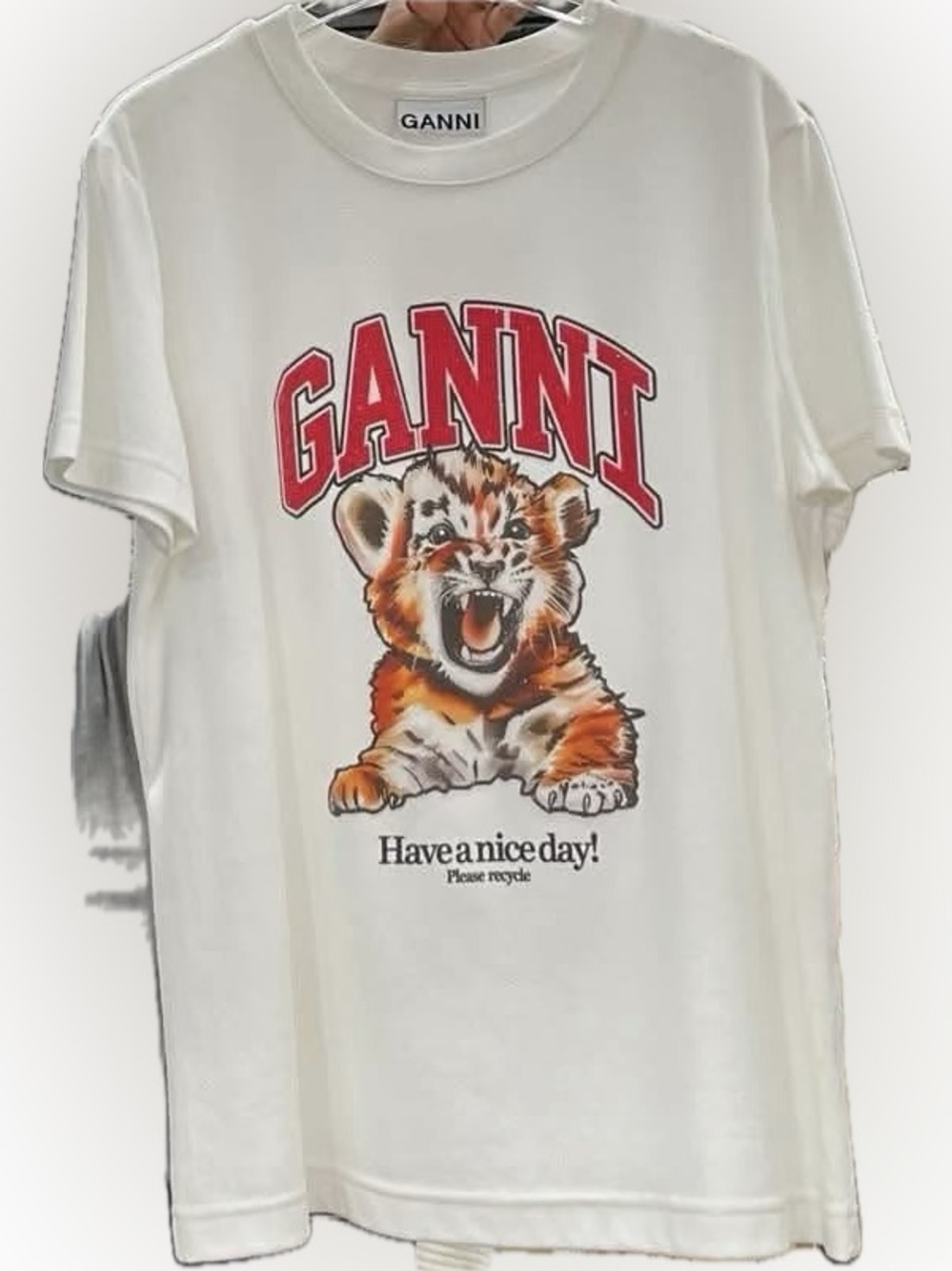 Ganni White Tee with Red Logo and Orange Tiger Print